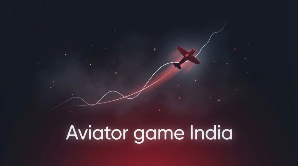 Red airplane flying upwards with glowing white and red trail through dark smoky sky with sparks, text 'Aviator game India' at the bottom