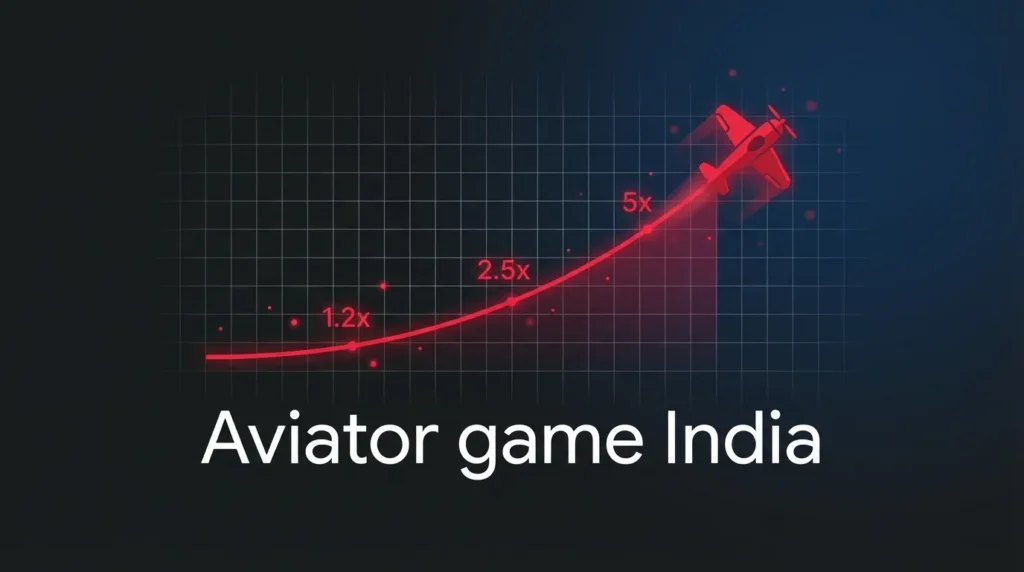 Red airplane flying along a glowing red curve on a dark grid background with multipliers 1.2x, 2.5x and 5x, text 'Aviator game India' at the bottom